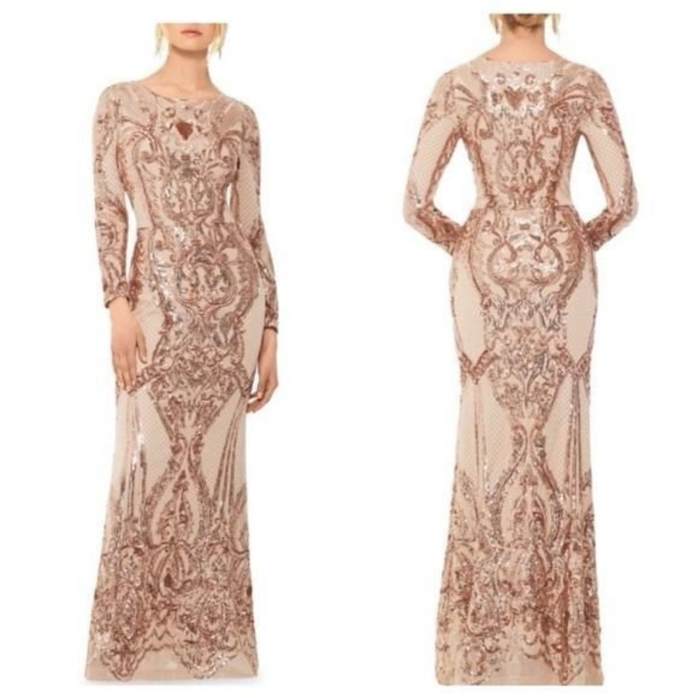 Betsy & Adam Long Sleeve Champagne Sequin Sheath Gown Patterned Long Gown Size 8